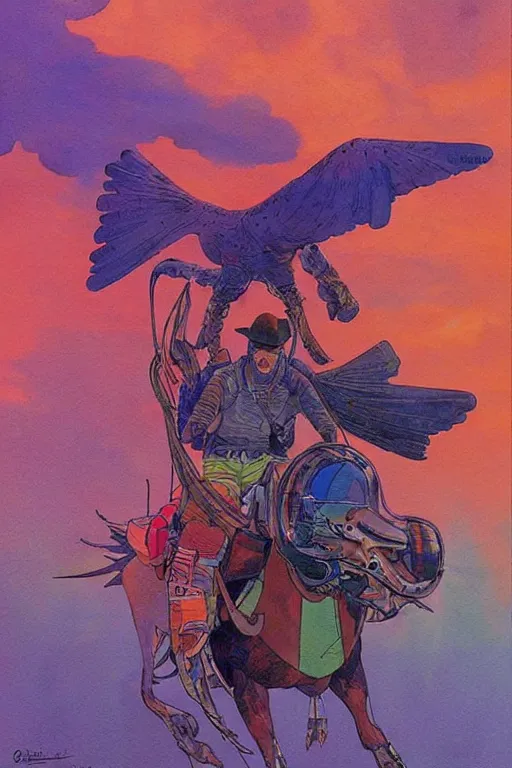 Prompt: tough cowboy riding an emu bird, scifi, art by jean giraud, moebius, juan gimenez, in watercolor gouache detailed paintings, in style of syd mead, colorful comics style, artstation