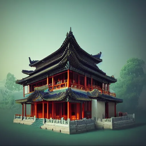 Image similar to ancient chinese architecture house shaped like a rubix cube by bugs zhou, concept art, artstation, octane render, fine detail