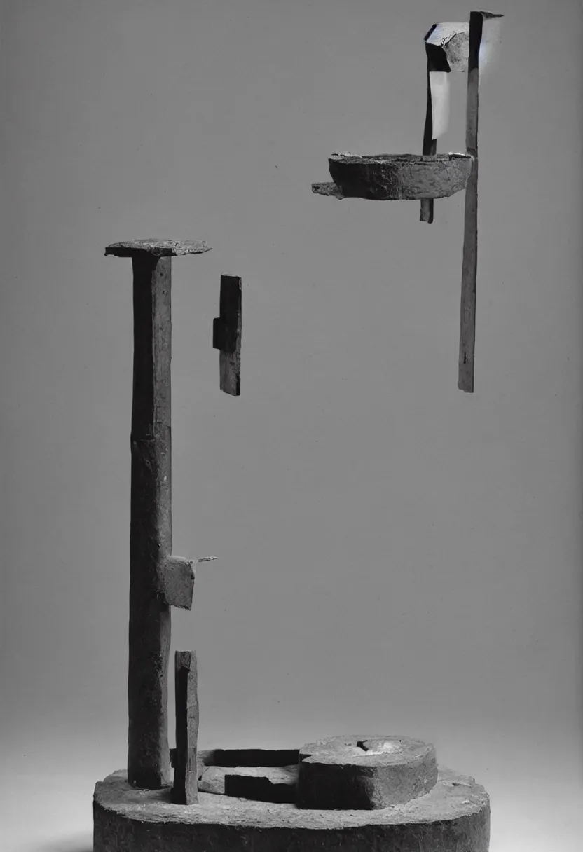 Prompt: In Advance of the Broken RAM machine by Marcel Duchamp, simple readymade object on a pedestal, courtesy of Centre Pompidou, archive photography by Irving Penn