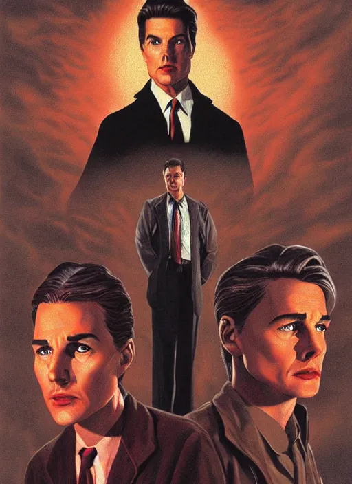 Image similar to small innocent tom cruise, evil beings loom above him, they reach into his mind, twin peaks poster art, from scene from twin peaks, by michael whelan, artgerm, retro, nostalgic, old fashioned, 1 9 8 0 s teen horror novel cover, book