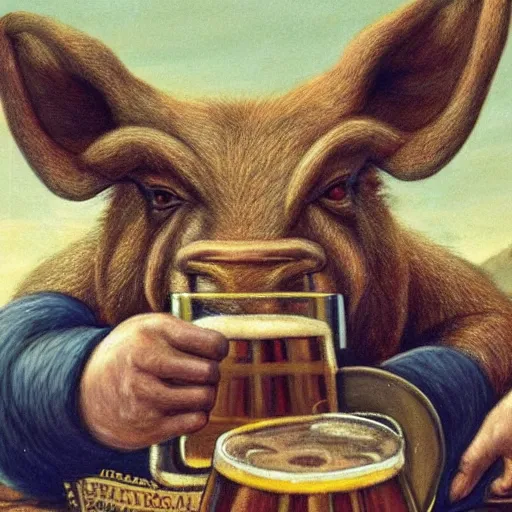 Image similar to an anthropomorphic boar drinking beer