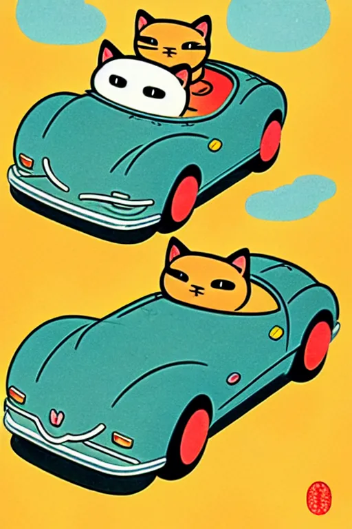 Image similar to by richard scarry. a cat shaped car. a 1 9 5 0 s retro illustration. studio ghibli. muted colors, detailed