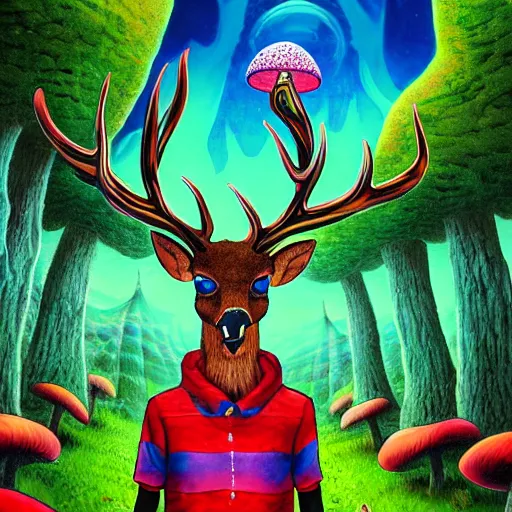 Image similar to 4 k headshot portrait of a psychedelic demonic anthropomorphic deer with mushroom themed clothes, magic mushroom village in background by jeff easley, award winning, stylized neon, post - processing, masterpiece, superb resolution. in the art style of junji ito and greg rutkowski. detailed mushroom city in background. hyper realistic anime. perfect art. dalle 2