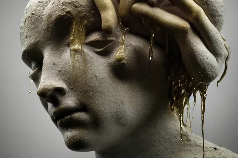 Prompt: a sculpture of a person with flowing golden tears, a marble sculpture by nicola samori and beksinski, behance, neo - expressionism, marble sculpture, apocalypse art, made of mist