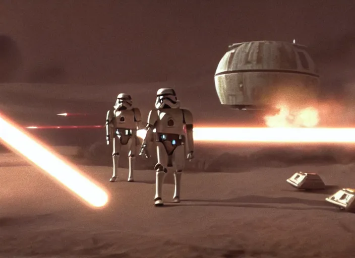 Image similar to screenshot of Imperial Probe Droids from star wars attacking Han Solo, iconic scene from 1970s film by Stanley Kubrick, moody hazy lighting, stunning cinematography, hyper-detailed, crisp, anamorphic lenses, kodak color film stock, 4k