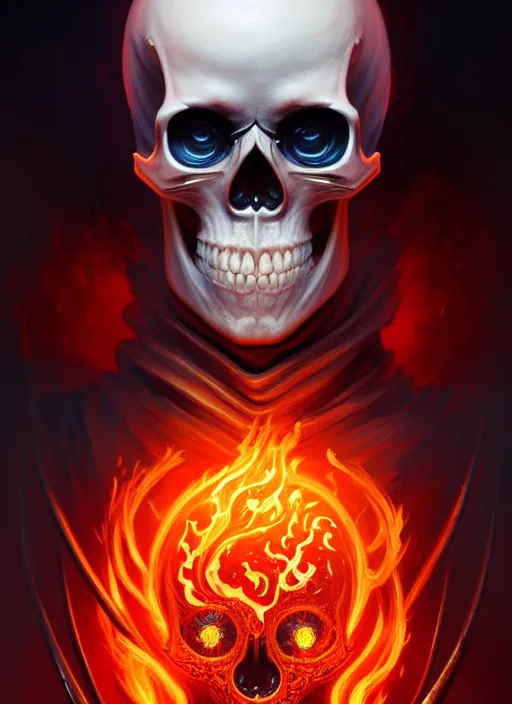 Prompt: symmetry!! portrait of skull with flaming eyes, high fantasy, intricate, elegant, highly detailed, digital painting, artstation, concept art, smooth, sharp focus, illustration, art by artgerm and greg rutkowski and alphonse mucha, 8 k