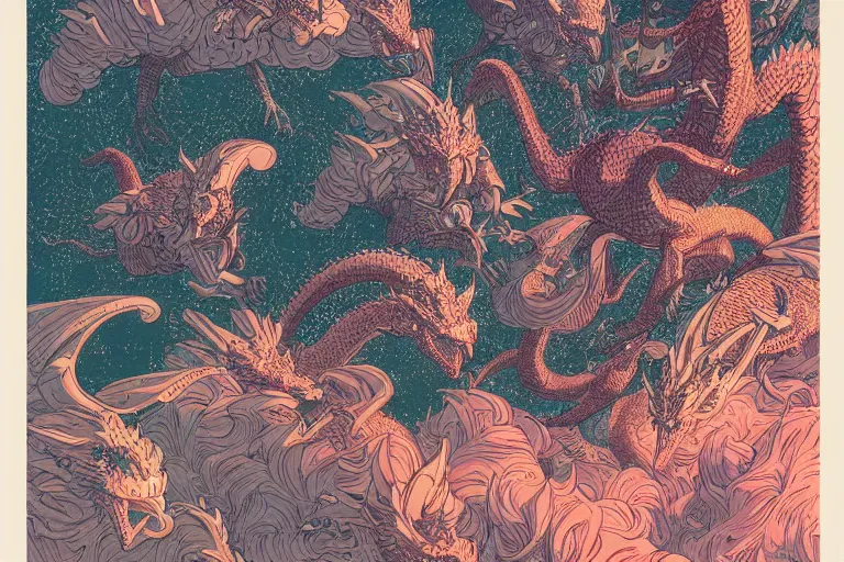 Image similar to a swarm of dragons, risograph, retro fantasy style, victo ngai, moebius, studio ghibli