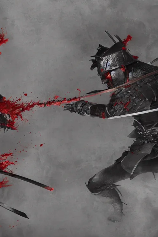 Image similar to a close up shit of the bloodiest samurai battle in history. Two samurai dueling, many dead with Sashimono. Greg rutkowski legendary matte painting.. 4k, particles light,