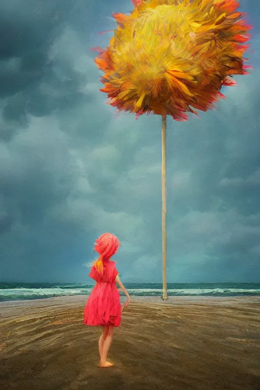 Image similar to closeup, giant flower head, a girl on beach, surreal photography, wind and cold, dramatic sky, impressionist painting, digital painting, artstation, simon stalenhag