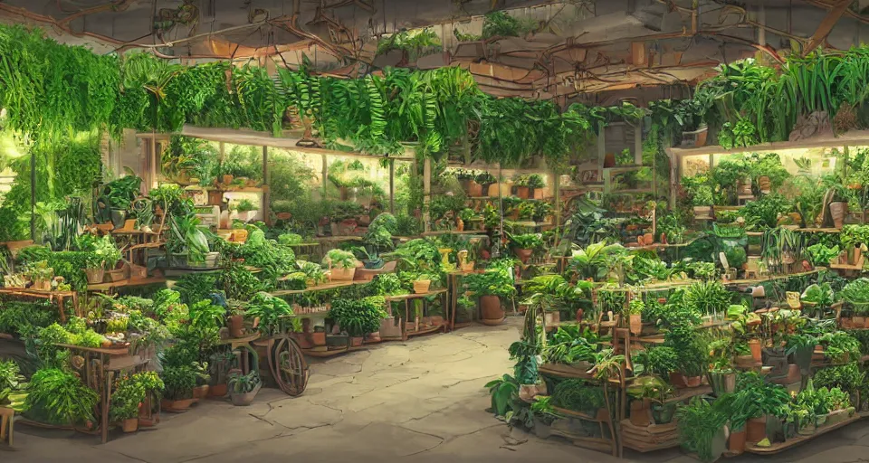 Prompt: plants shop, counter, ferns and vines, highly detailed, sharp focus, matte painting, by studio ghibli, by giovani magana,