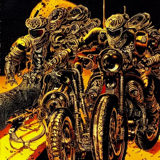 Prompt: infernal motorbikers, atmospheric lighting, painted, intricate, golden hour, ultra detailed by philippe druillet