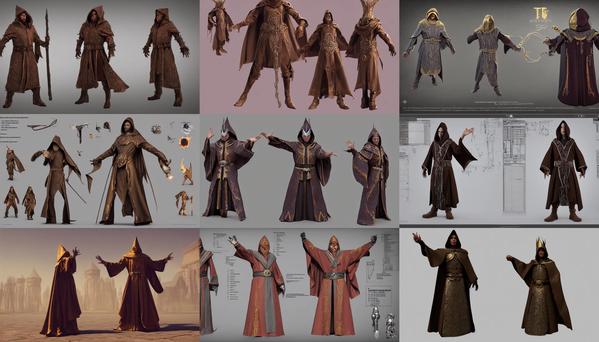 Prompt: t-pose of wizard, magic belt, elaborate robes, hood, character design sheet, character reference sheet, TPose, concept art, t-pose, straight arms, 3d marketplace, different angles, octane render, ray tracing, unreal engine 5, DAZ, zbrush, CGSociety, 8k ultra HD,