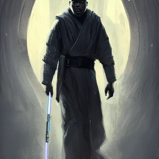 Prompt: portrait of a man by greg rutkowski, old jedi master, black, he looks like john boyega, star wars expanded universe, he is about 6 0 years old, wearing jedi robes, highly detailed portrait, digital painting, artstation, concept art, smooth, sharp foccus ilustration, artstation hq