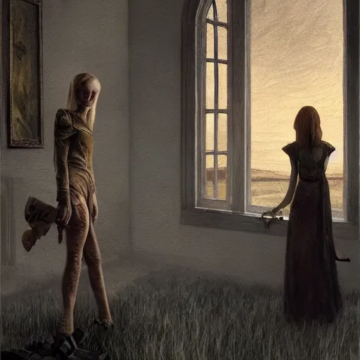 Prompt: Elle Fanning in the painted world of Dark Souls, head and shoulders masterpiece, apocalypse, golden hour, cosmic horror, artstation, in the style of Andrew Wyeth and Edward Hopper and Bosch, extremely detailed