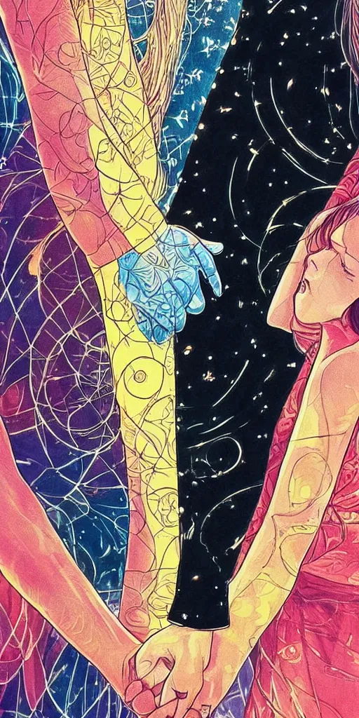 Image similar to a man and a woman holding hands under a beautiful sun drawn like the anime Your Name anime, intricate, psychedelic, Tarot card the Lovers