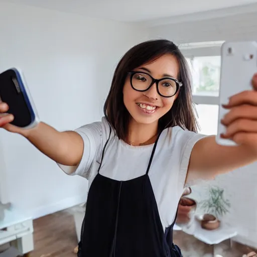 Image similar to studio gibli girl taking a selfie at home