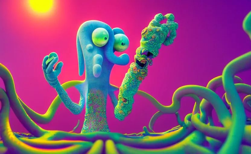 Image similar to squidward taking an acid trip, digital painting, octane render, psychedelic, intricate detail, highly detailed