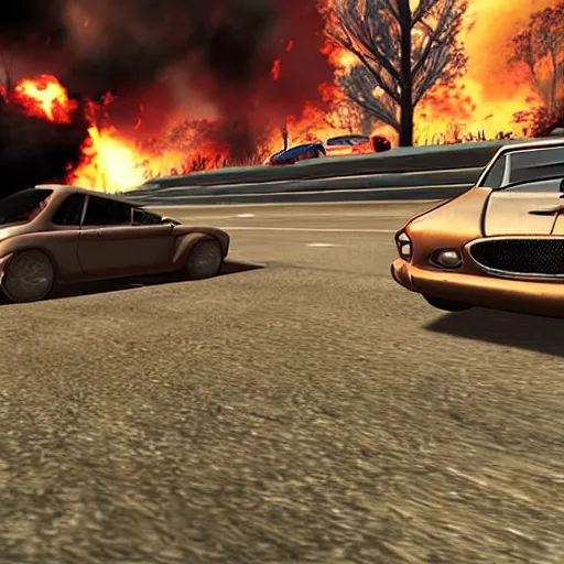 Image similar to an old car jumping over a fire, in game screenshot from driv 3 r ( 2 0 0 4 )