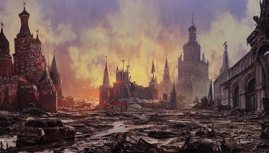 Image similar to A detailed render of a post apocalyptic scene of Kremlin in Moscow ruined and devastated by fires, burned down rusty Moscow buses in flood water, sci-fi concept art, by Syd Mead, highly detailed, oil on canvas