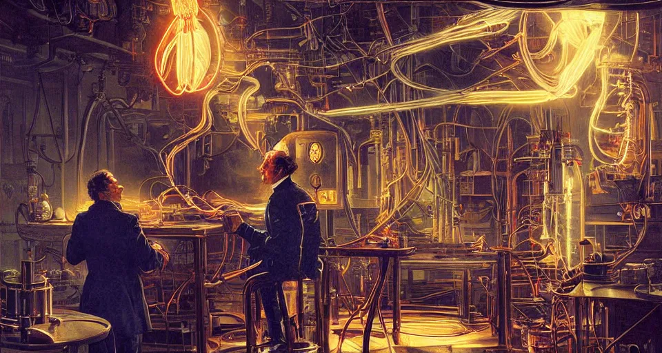 Prompt: nikolai tesla in his lab, glowing jacket, electrical arcs, neon glow, highly detailed, digital art, intricate, dramatic lighting, steampunk, neon colors, cinematic, art by norman rockwell, greg rutkowski, caravaggio, artgerm