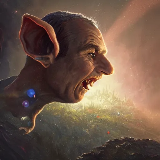 Image similar to portrait of goblin emmanuel macron falling into the stars by greg rutkowski, 4k, intricate details