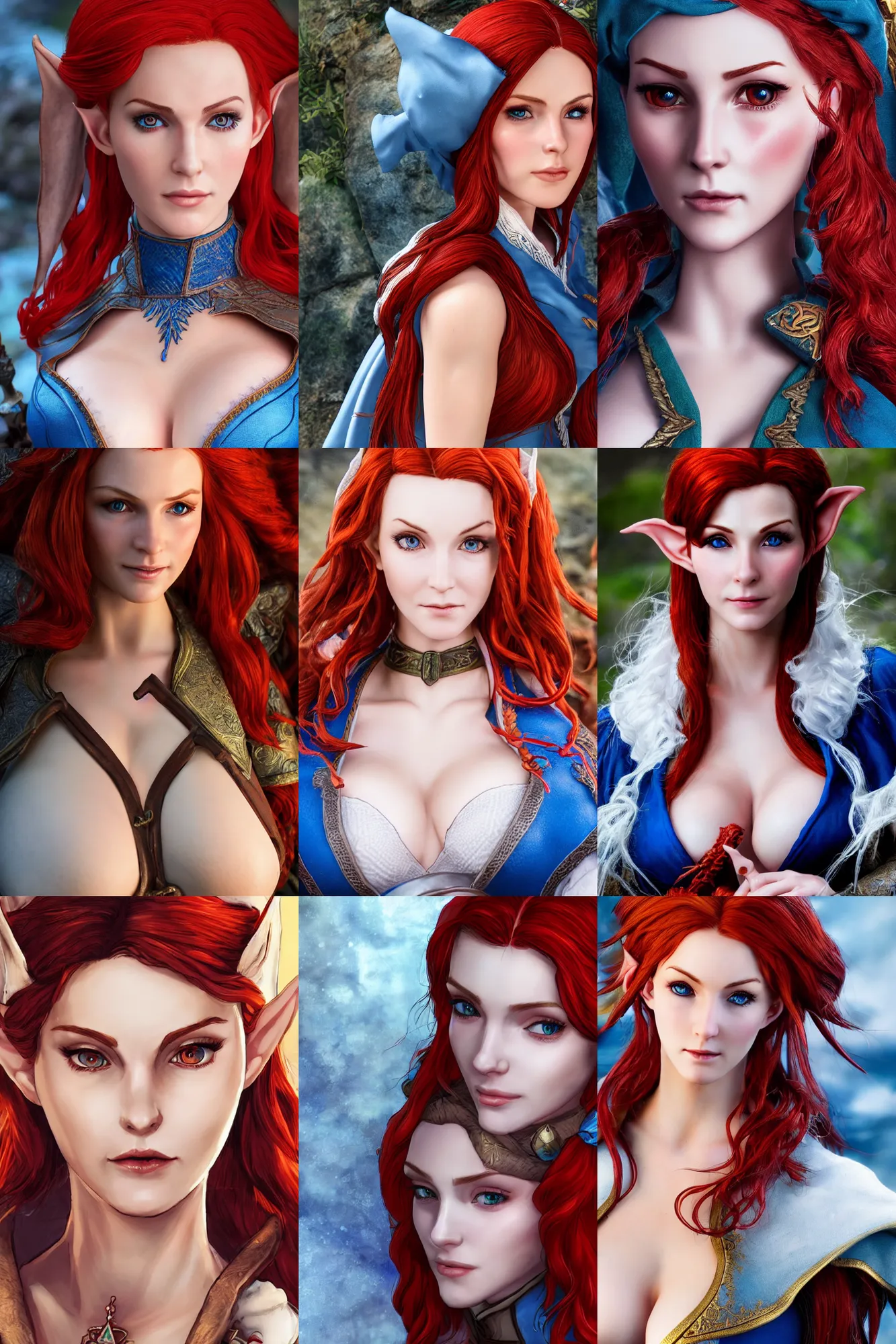 Prompt: alluring highly detailed close-up portrait of beautiful elf (Triss from Witcher 3) with porcelain skin flowing red hair wearing chesty adventurer's outfit and a long blue cloak, very detailed, realistic, manga, matte