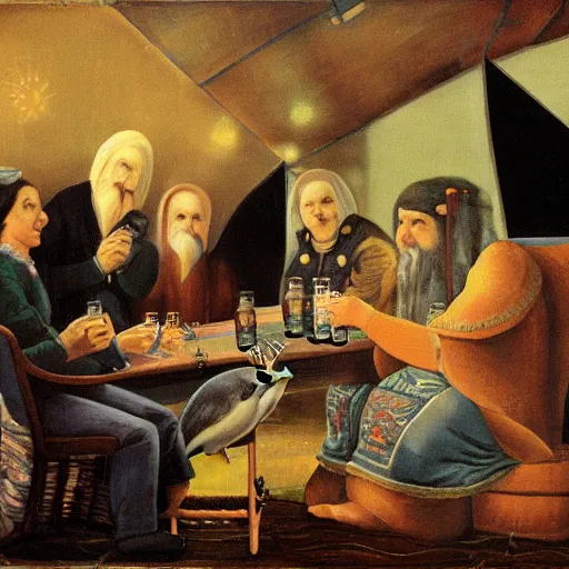 Image similar to dolphin astronomers drinking beer, old painting