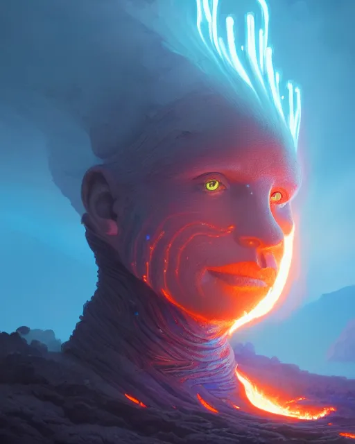 Image similar to highly detailed surreal vfx portrait of a futuristic fire mage in a volcano with lava, stephen bliss, unreal engine, greg rutkowski, loish, rhads, beeple, makoto shinkai and lois van baarle, ilya kuvshinov, rossdraws, tom bagshaw, alphonse mucha, global illumination, detailed and intricate environment