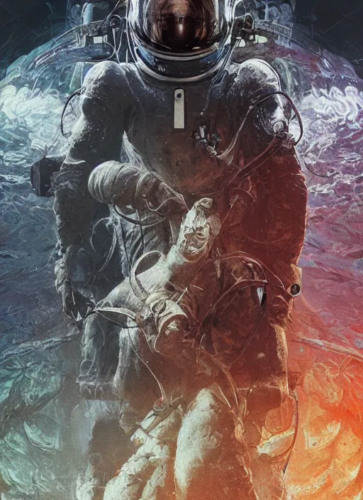 Image similar to astronauts in dark and empty void underwater - complex and hyperdetailed technical suit. reflection and dispersion materials. rays and dispersion of light. volumetric light. 5 0 mm, f / 3 2. noise film photo. flash photography. ultra realistic, wide angle. poster by wayne barlowe, hajime sorayama aaron horkey, craig mullins