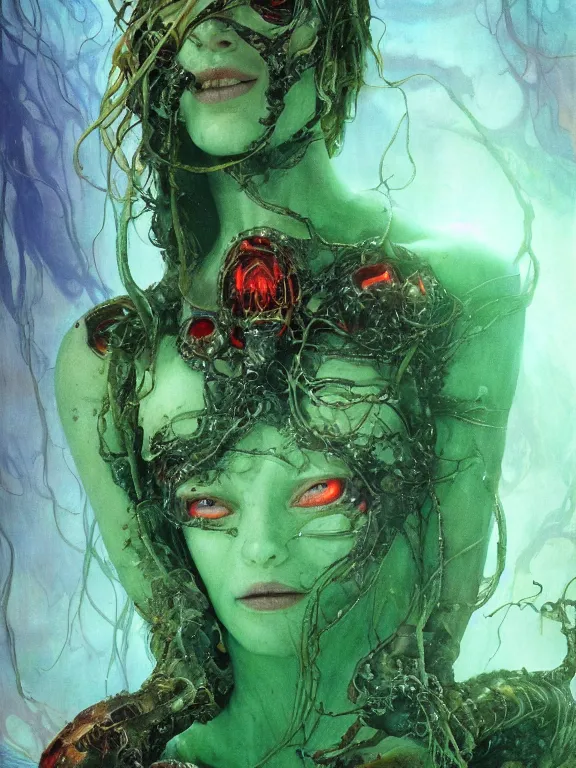 Prompt: ( underwater ) middle length portrait of a living goo on a ( cyborg leshy girl with glowing veins ), cinematic light, looking to the side off camera, backlight glow, green bright red, mist, by mikhail vrubel, by philippe druillet, by peter elson, by gerald brom, muted colors, extreme detail, trending on artstation, 8 k