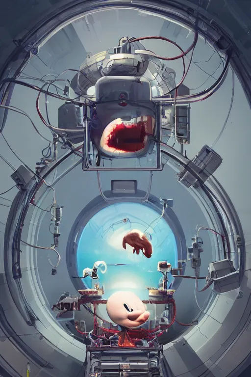 Image similar to top view mechanics scientist in lab facility looking at bloody mickey mouse head lifted by claw,, made by beeple, cgsociety, artgerm, greg rutkowski, highly detailed intricate 4 k art, low light cinematic, octane render, unreal engine, smooth concept art