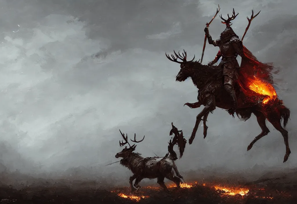 Image similar to a knight riding a burning stag, artstation, jakub rozalski, high detail, dramatic lighting