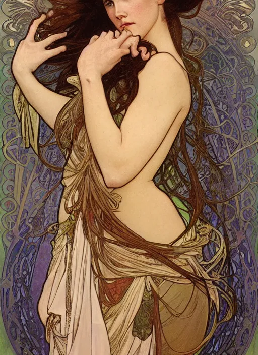 Prompt: a beautiful painting of jennifer connelly by alphonse mucha and rebecca guay and john william waterhouse and mark brooks, art noveau, neo-classical, trending on artstation