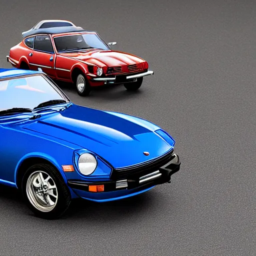 Image similar to a photorealistic image of a blue 1975 Datsun 260Z