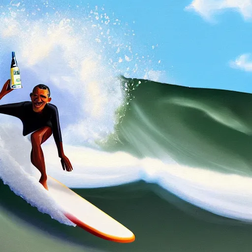 Image similar to barack obama surfing in rough surf holding a margarita, realistic, high detail, volumetric lighting