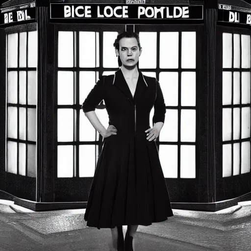 Image similar to a beautiful full body photograph of hayley atwell dressed as ( ( doctor who ) ) standing in front of the tardis, symmetrical face, extreme realism and detail, 8 k, completely framed, direct lighting, 3 5 mm photo, photorealistic, sharp focus