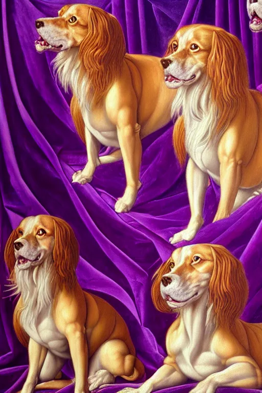 Image similar to Cerberus is member of the English royal family, Background is a curtain of purple Velvet, oil painting, hyper detailed, hyper realistic, by Botticelli, portrait
