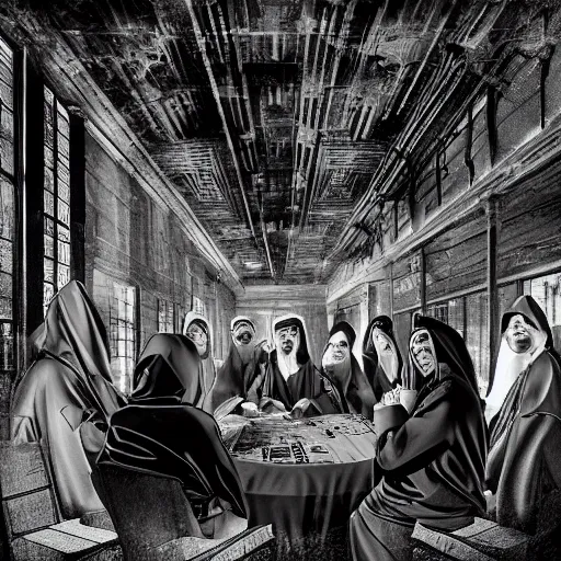 Image similar to A group of people covered in black and white robes with hoods playing poker at a poker table in the middle of an abandoned building, big room, with vines and plants growing out of cracks, broken walls and ceiling with natural light shining through, the light shows dust in the air, digital art, award winning art, 8k