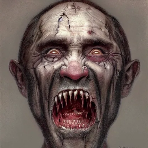 Image similar to vladimir putin, putin is bald caveman, vladimir putin awe face, toothless horror macabre face, clown nose, by donato giancola and greg rutkowski and wayne barlow and zdzisław beksinski, realistic face, digital art