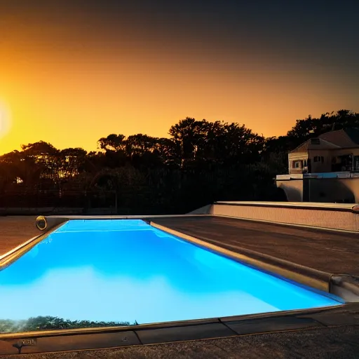 Image similar to a yellow 1 9 8 5 porsche 9 1 1 turbo, palm beach swimming pool, sunset, hyperreal, 4 k