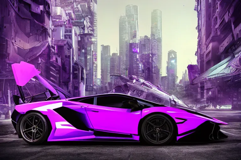 Image similar to hyper detailed purple lamborghini transformer, mecha cyberpunk city street background, 8 k photograph, dramatic lighting,