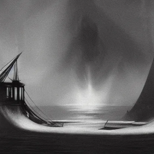 Prompt: a black and white photo of a boat in the water, concept art by hugh ferriss, behance contest winner, symbolism, lovecraftian, concept art, official art