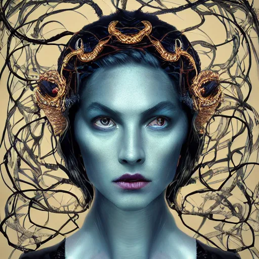 Prompt: dynamic portrait of the dark queen of snakes wearing a crown of vines, blue skin, realism, dark fantasy illustration, surrounded by snakes in a dead forest, dramatic lighting, octane render, artstation