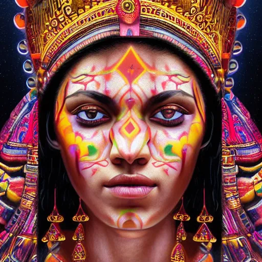 Prompt: photorealistic portrait of beautiful female aztec goddess, cinematic, complex multicolored india calendar art, highly atmospheric lighting, trending on artstation, golden ratio, rule of thirds, highly detailed, ornate, claudio bravo, alex grey, greg rutkowski, in the style of marvel comics, artgerm, frank bairstow, james cameron, ridley scott