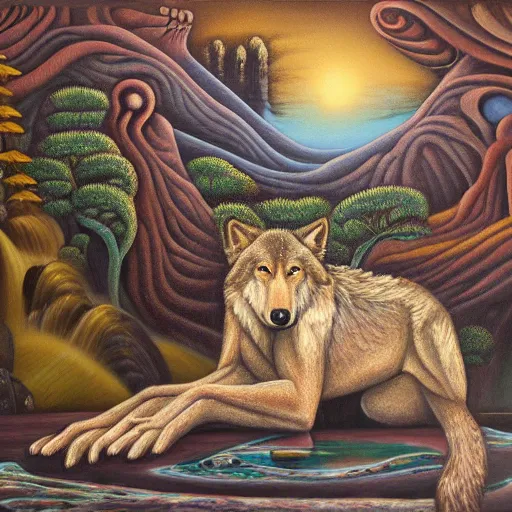 Image similar to an anthromorphic wolf meditating near an african zen waterfall by amanda sage, oil on canvas, 8k