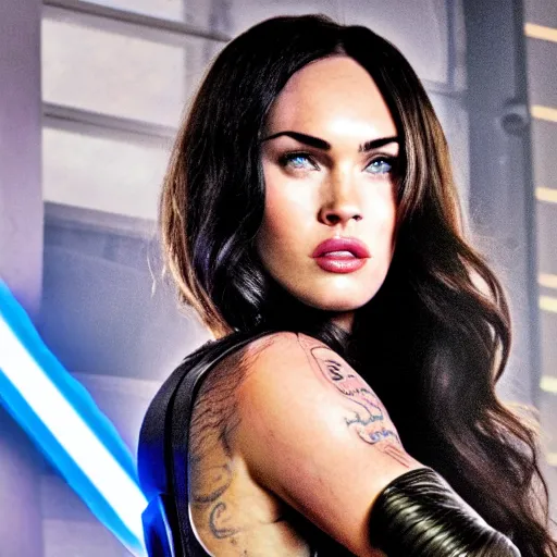 Image similar to first shot of megan fox in star wars reboot, ( eos 5 ds r, iso 1 0 0, f / 8, 1 / 1 2 5, 8 4 mm, postprocessed, crisp face, facial features )