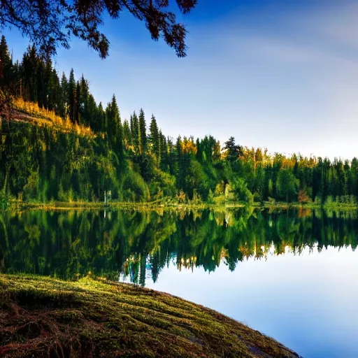 Prompt: A serene landscape of a lake in the forest