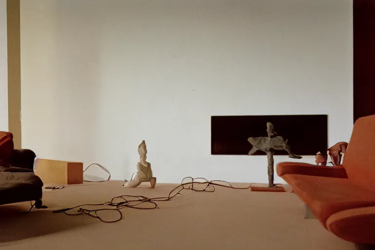 Image similar to photograph of sculpture radiating esoteric energy in modernist living room, crisp focus, highly detailed, in jeff wall style, 3 5 mm ektachrome