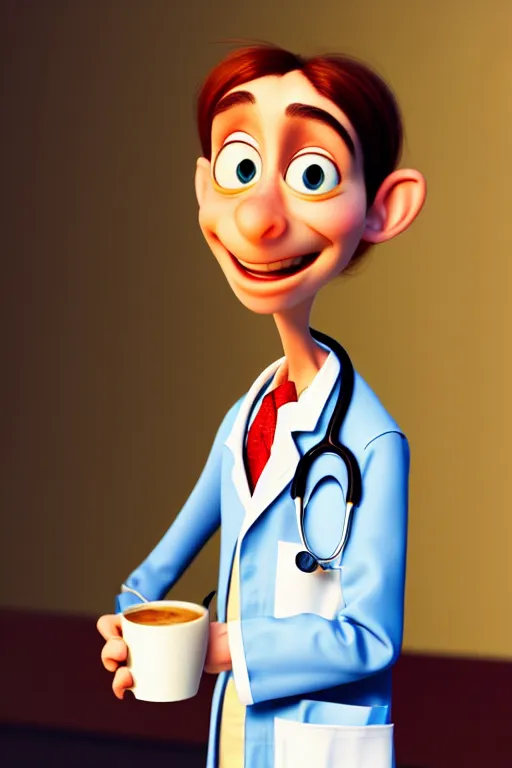 Image similar to portrait of a doctor holding a cup of coffee, hospital in background, full body. pixar disney 4 k 3 d render funny animation movie oscar winning trending on artstation and behance. ratatouille style.