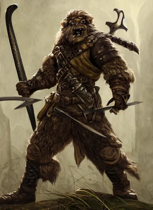 Image similar to strong young man, photorealistic bugbear ranger holding aflaming sword, black beard, dungeons and dragons, pathfinder, roleplaying game art, hunters gear, jeweled ornate leather and steel armour, concept art, character design on white background, by alan lee, norman rockwell, makoto shinkai, kim jung giu, poster art, game art